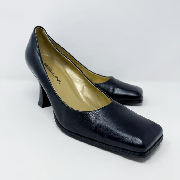 Vintage 90s Bellini Black Leather Square Toe Pumps Women's Size 8.5 EUC - Picture 1 of 7